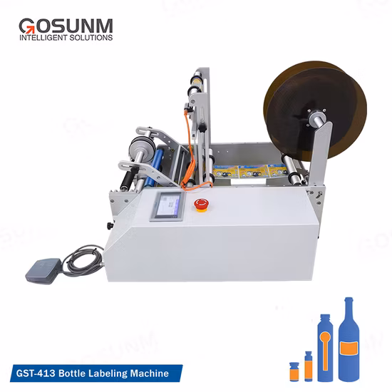 Gosunm Small Sticker Pasting Machine Wine Beer Water Bottle Vial Lip Balm Ampoule Jar Cup Container Wrap Around Semi Automatic Round Bottle Labeling Machine
