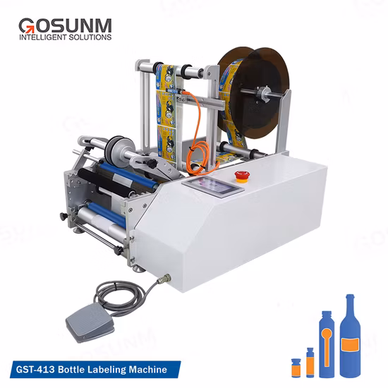 Gosunm Small Sticker Pasting Machine Wine Beer Water Bottle Vial Lip Balm Ampoule Jar Cup Container Wrap Around Semi Automatic Round Bottle Labeling Machine